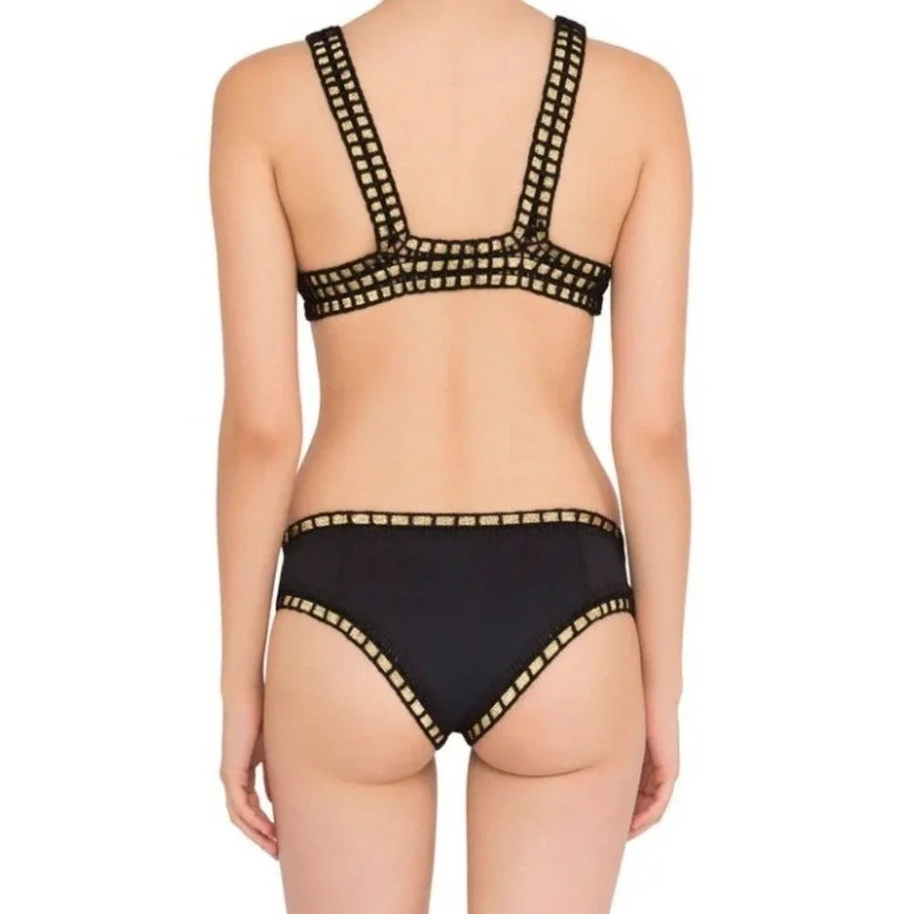 Kiini Chacha Bikini Set Women S Black Gold Crochet Trim Triangle Boho Festival - Picture 2 of 16